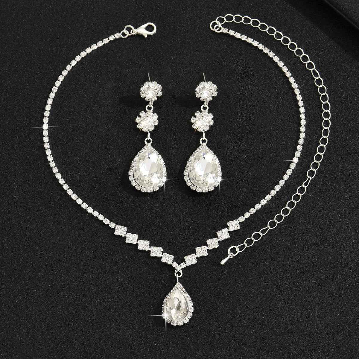 Cross-Border Bridal Wedding Photography Jewelry Fashion Claw Chain Water Drop Glass Crystal Necklace Earrings Bracelet Set