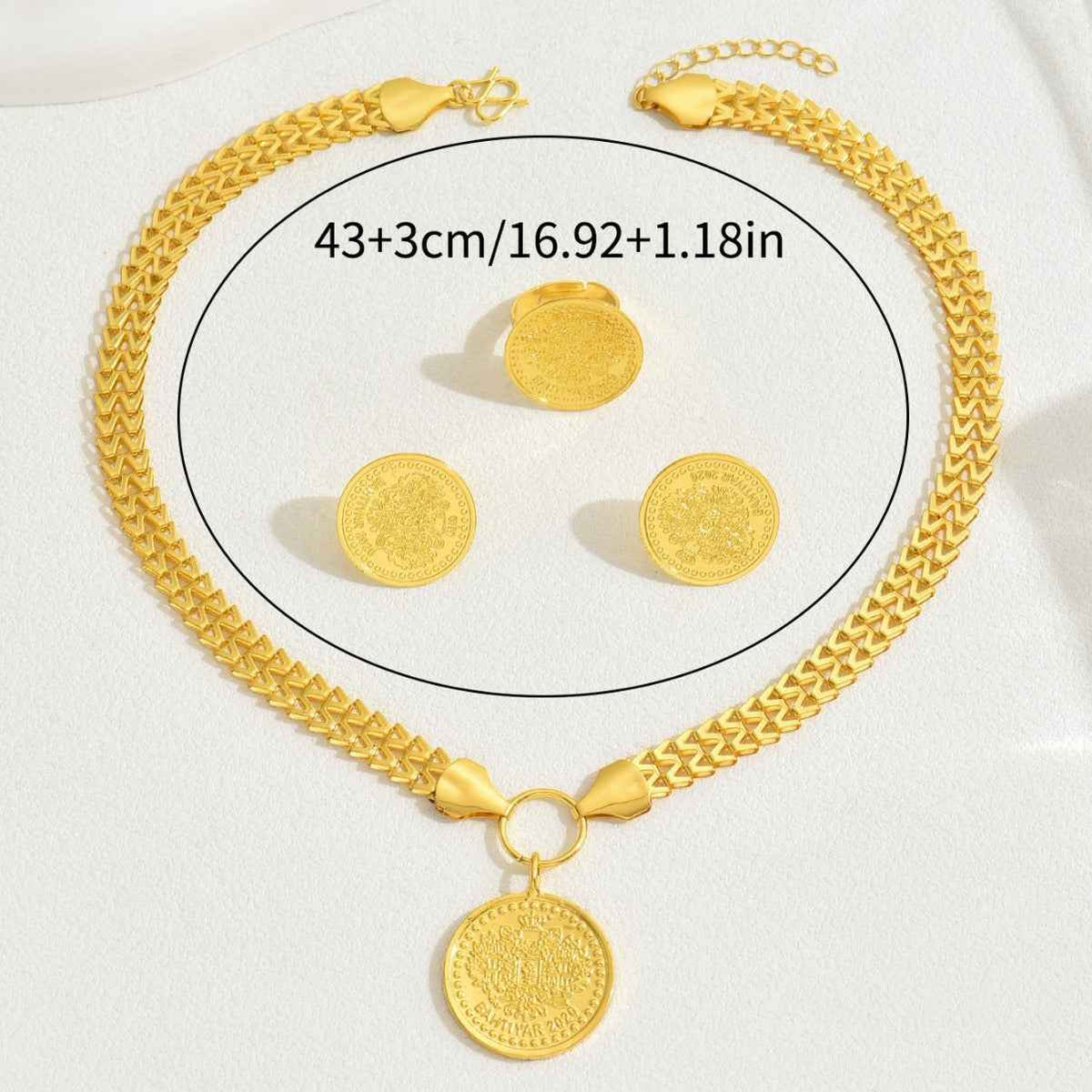 Fashion OL Tree Of Life Round Pendant Jewelry Set, Matching Necklace Earrings With Electroplated 18K Versatile Ring Women Accessories