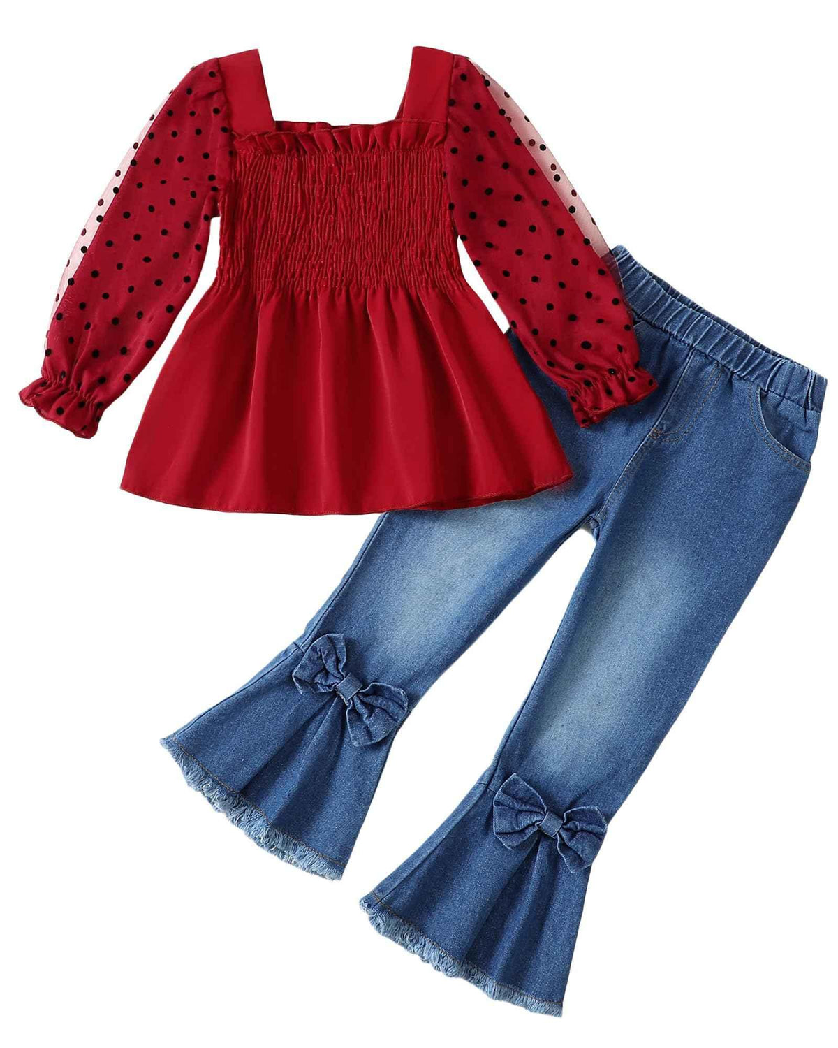Girls Denim Outfit – Long Sleeve Top & Flare Jeans | Maroon