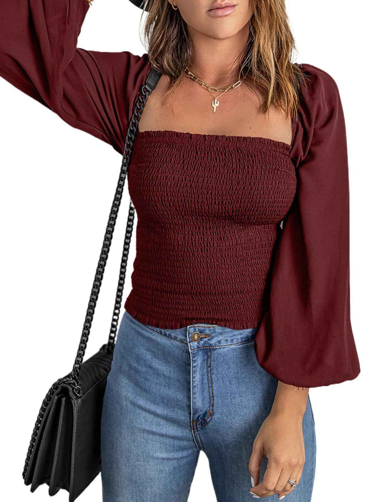 EVALESS Spring Clothes for Women Trendy 2024 Long Sleeve Tops Off Shoulder Blouses Summer Clothes for Women Sexy Casual Square Neck Ladies Tops and Blouses Holiday Outfits Red Shirt Large