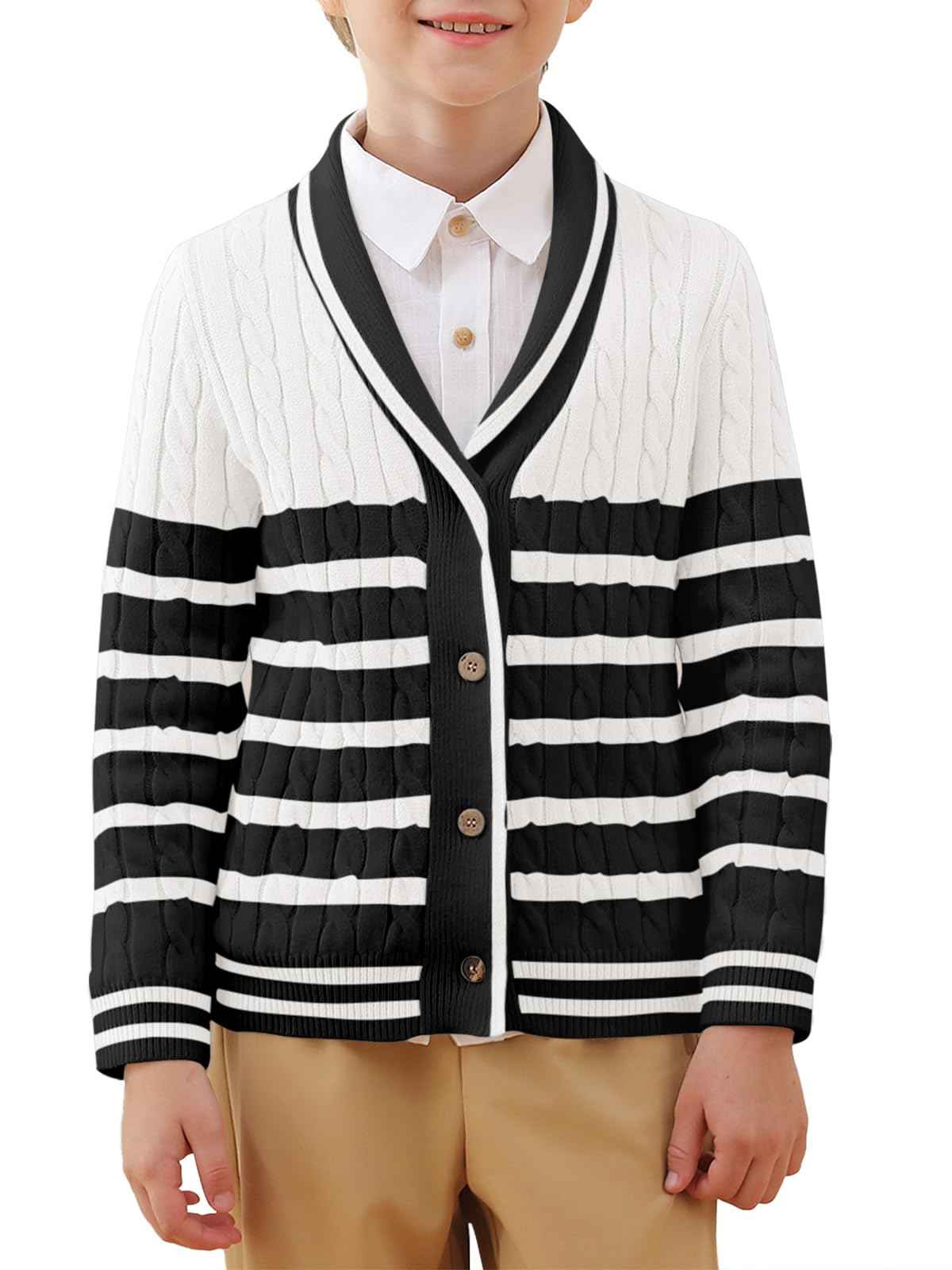 Boys Cardigan Sweater – Striped Cable Knit Shawl Collar | 4–14Y