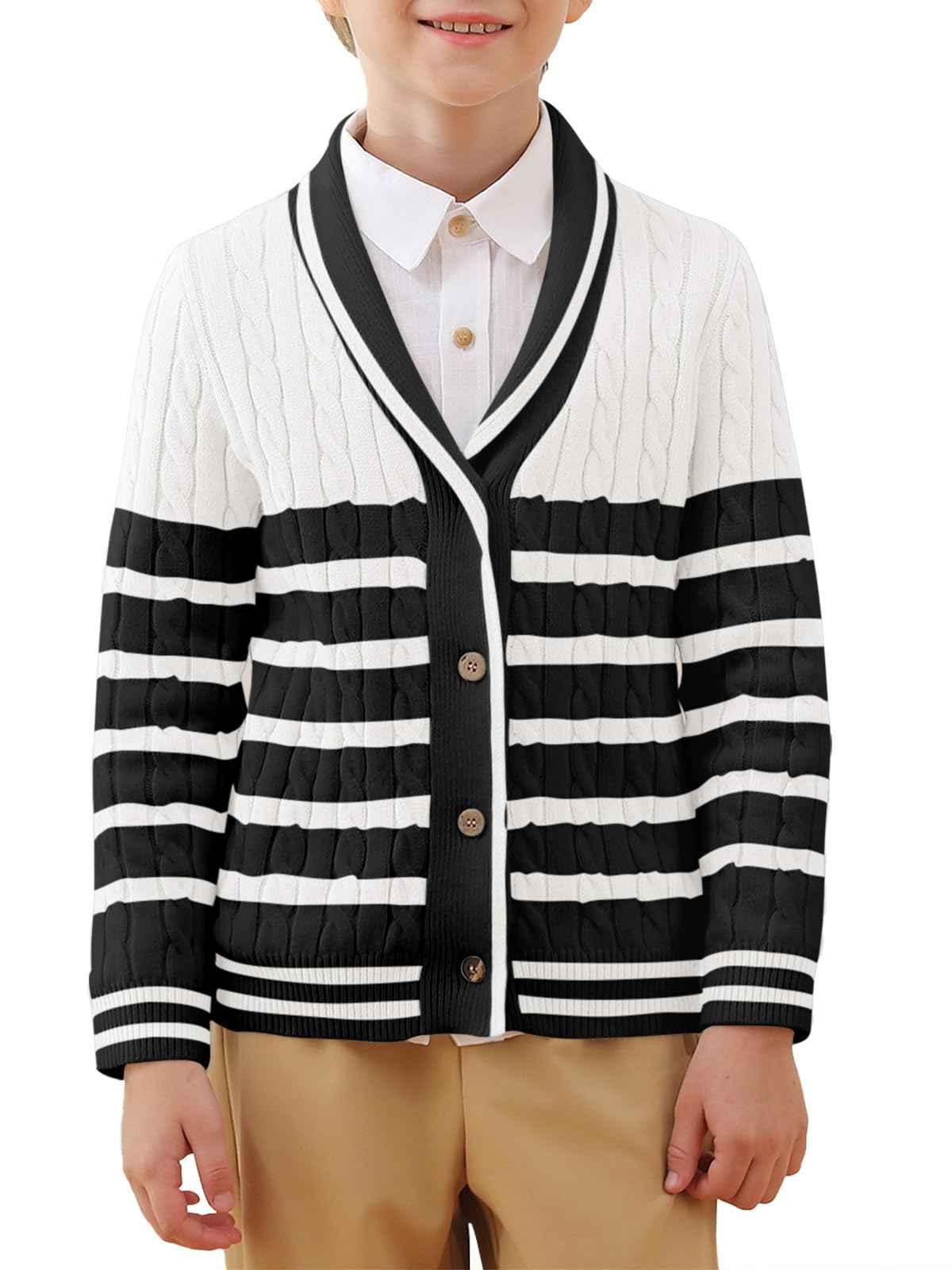 Boys Cardigan Sweater – Striped Cable Knit Shawl Collar | 4–14Y