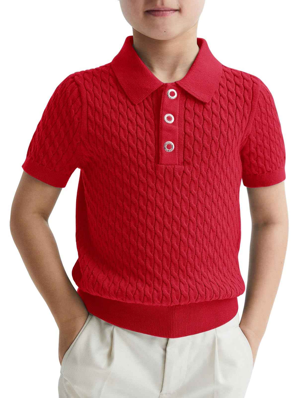 Boys Polo Shirt – Cable Knit Short Sleeve Sweater | Red