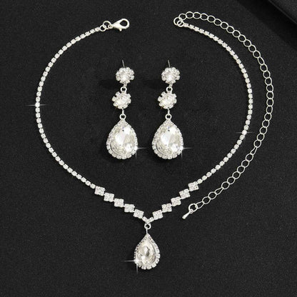 Cross-Border Bridal Wedding Photography Jewelry Fashion Claw Chain Water Drop Glass Crystal Necklace Earrings Bracelet Set