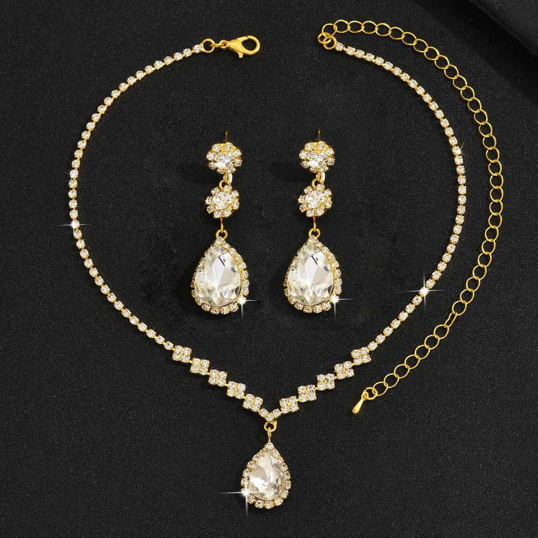 Cross-Border Bridal Wedding Photography Jewelry Fashion Claw Chain Water Drop Glass Crystal Necklace Earrings Bracelet Set