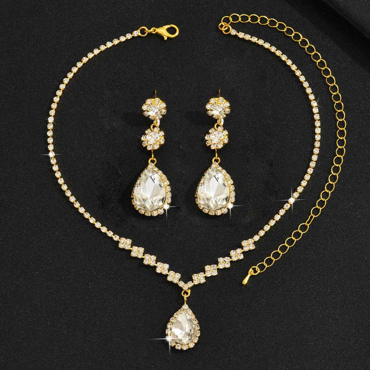Cross-Border Bridal Wedding Photography Jewelry Fashion Claw Chain Water Drop Glass Crystal Necklace Earrings Bracelet Set