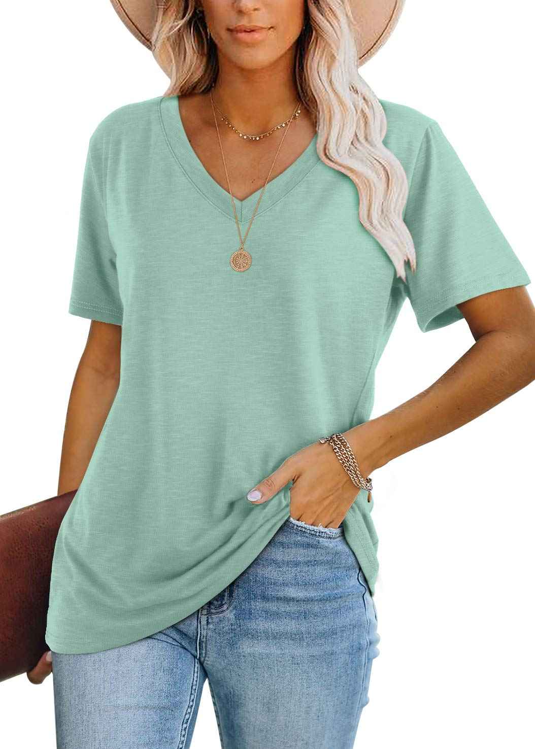 WIHOLL Plain T Shirts for Women Loose Fit V Neck Summer Clothes Aqua M