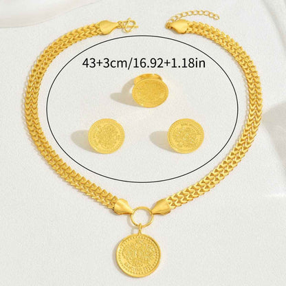 Fashion OL Tree Of Life Round Pendant Jewelry Set, Matching Necklace Earrings With Electroplated 18K Versatile Ring Women Accessories