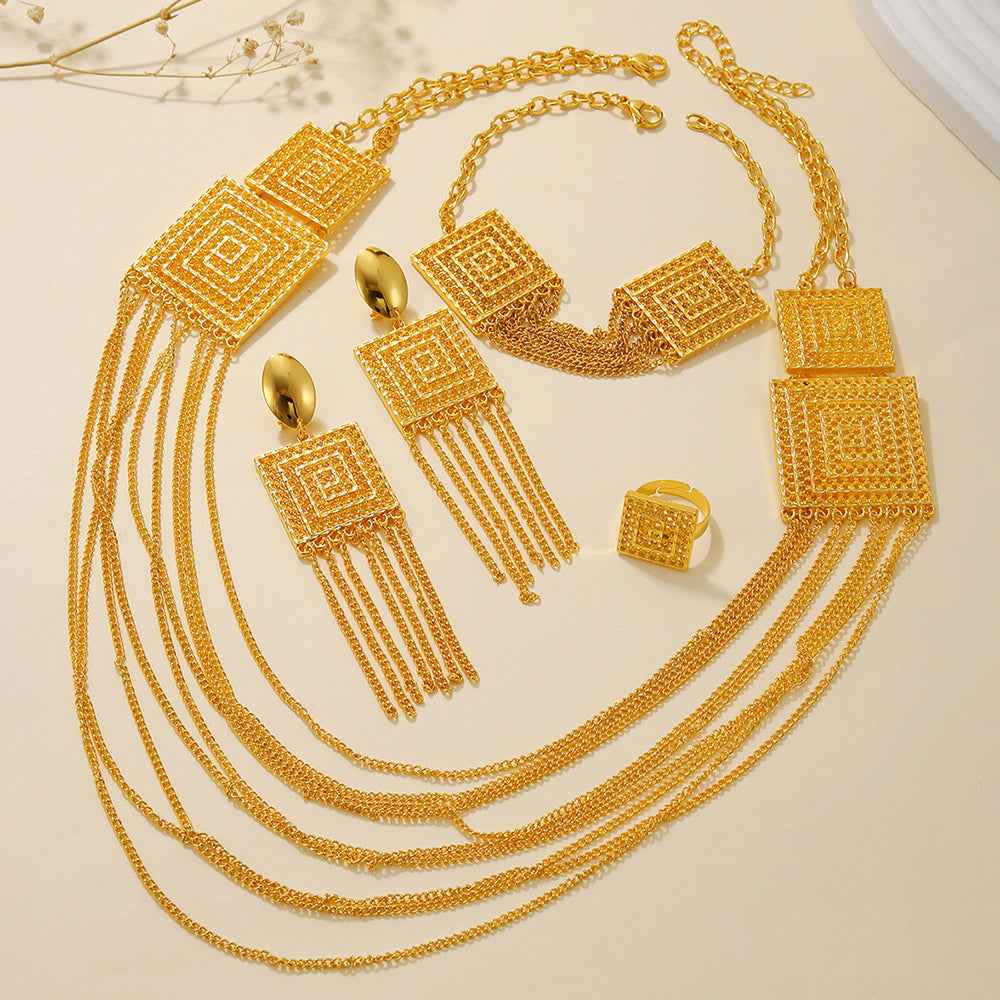 5pcs Fashion Ladies 18k Gold Plated Jewelry Set Tassel For Holiday Wear, Wedding Scene Jewelry, Multi-layered Temperament Wedding Jewelry