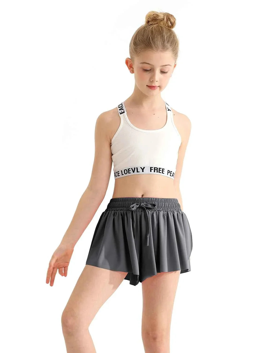 Girls Running Shorts – 2-in-1 Butterfly Athletic Skirt | Grey