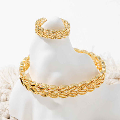 2Pcs Fashion 18k Gold Plated Wheat Ear Leaves Opening Bracelet Ring Set Suitable For Women&