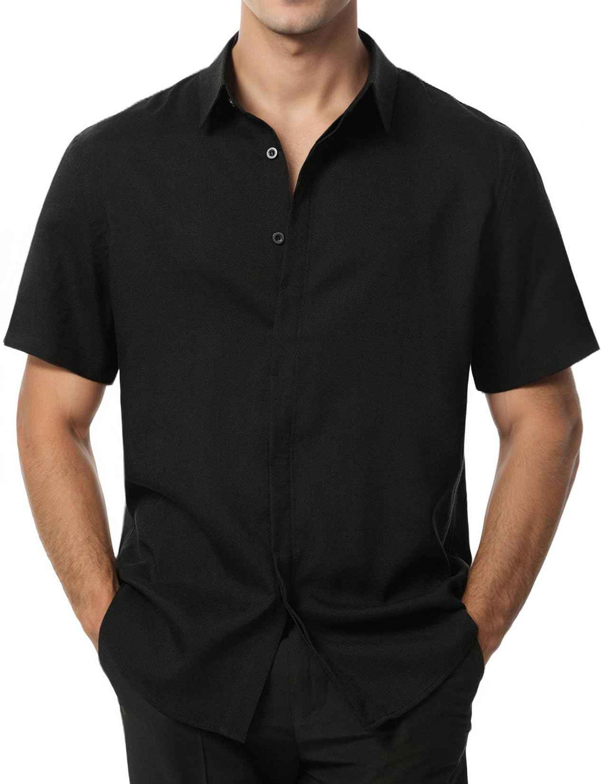 JEMITOP Mens Linen Blend Stretch Wrinkle Free Short Sleeve Hidden Button Down Beach Shirt Summer Casual Stylish Vacation Clothes Black XL
