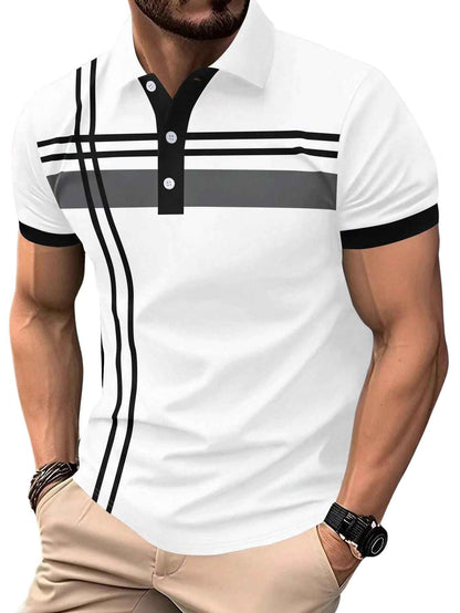 SOLY HUX Mens Summer Short Sleeve Shirt Printed Casual T-Shirt Button Golf Shirts Top Mens Clothes White Striped Large