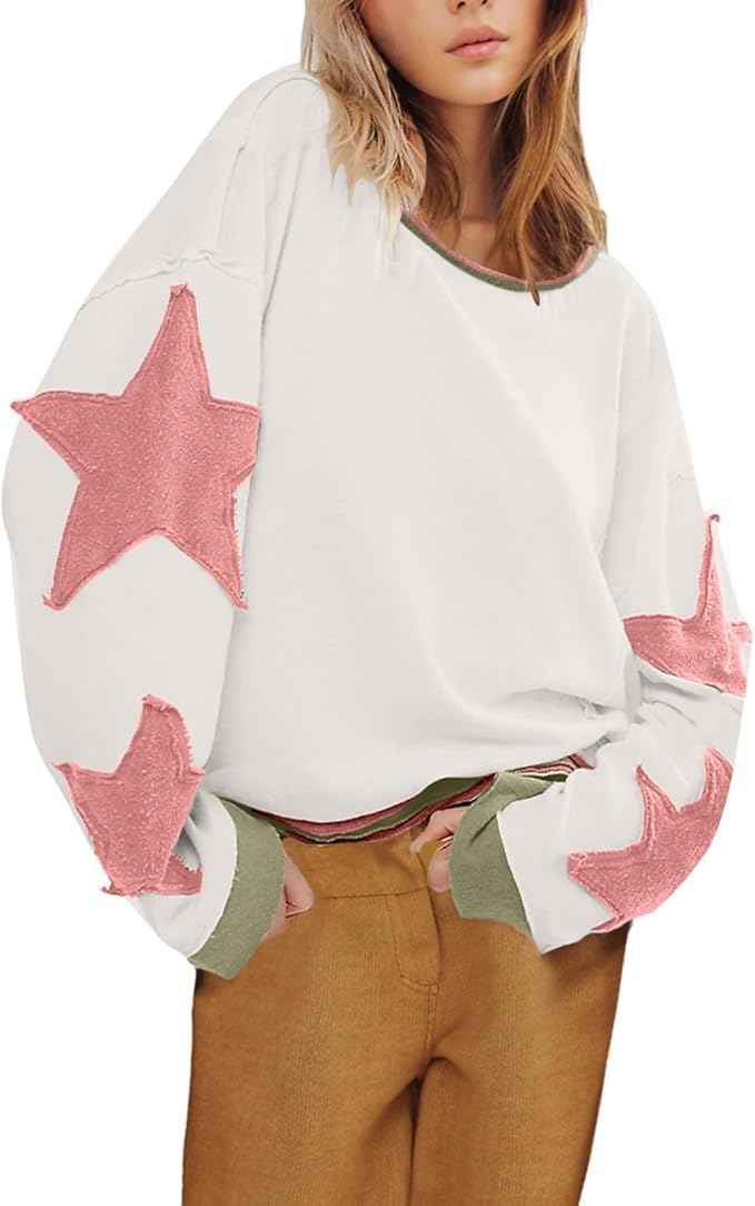 Apvirdy Women Oversized Star Crewneck Sweatshirts Casual Loose Long Sleeve Tshirts y2k Tops Clothes Shirts