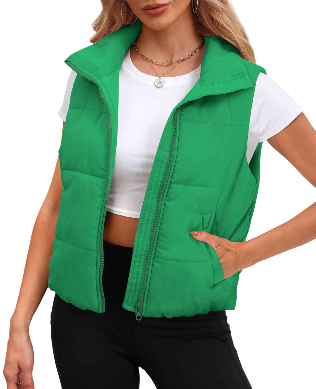 SAMPEEL Green Puffer Vest Women Cropped Lightweight Outerwear Fall Fashion Warm Winter Clothes XS
