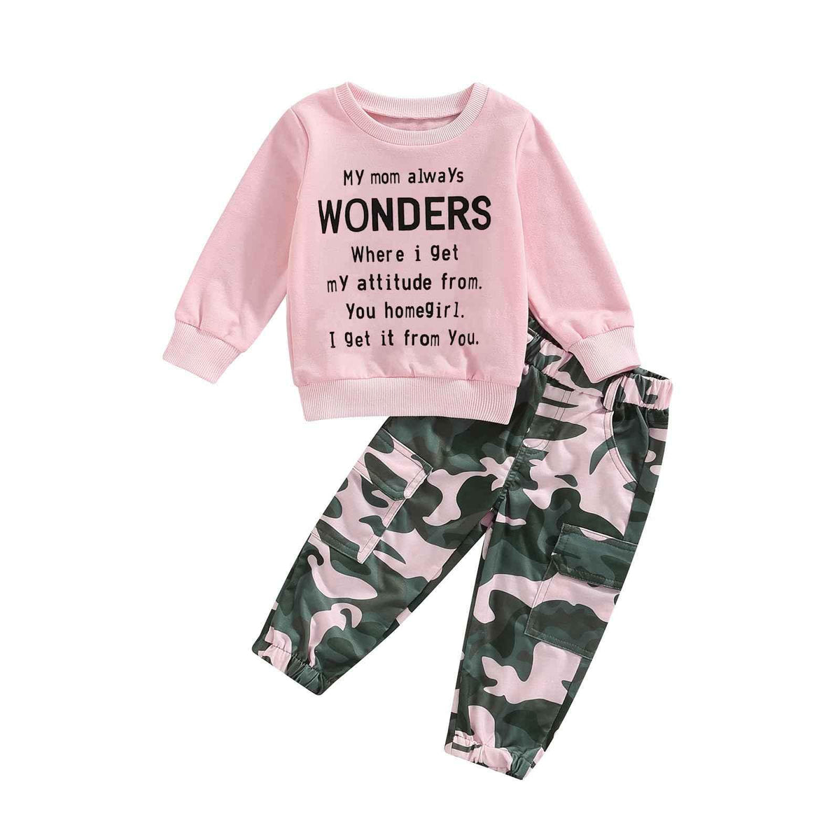 Toddler Girls Outfit – Letter Sweatshirt &amp; Camo Pants Set | 2T–5T