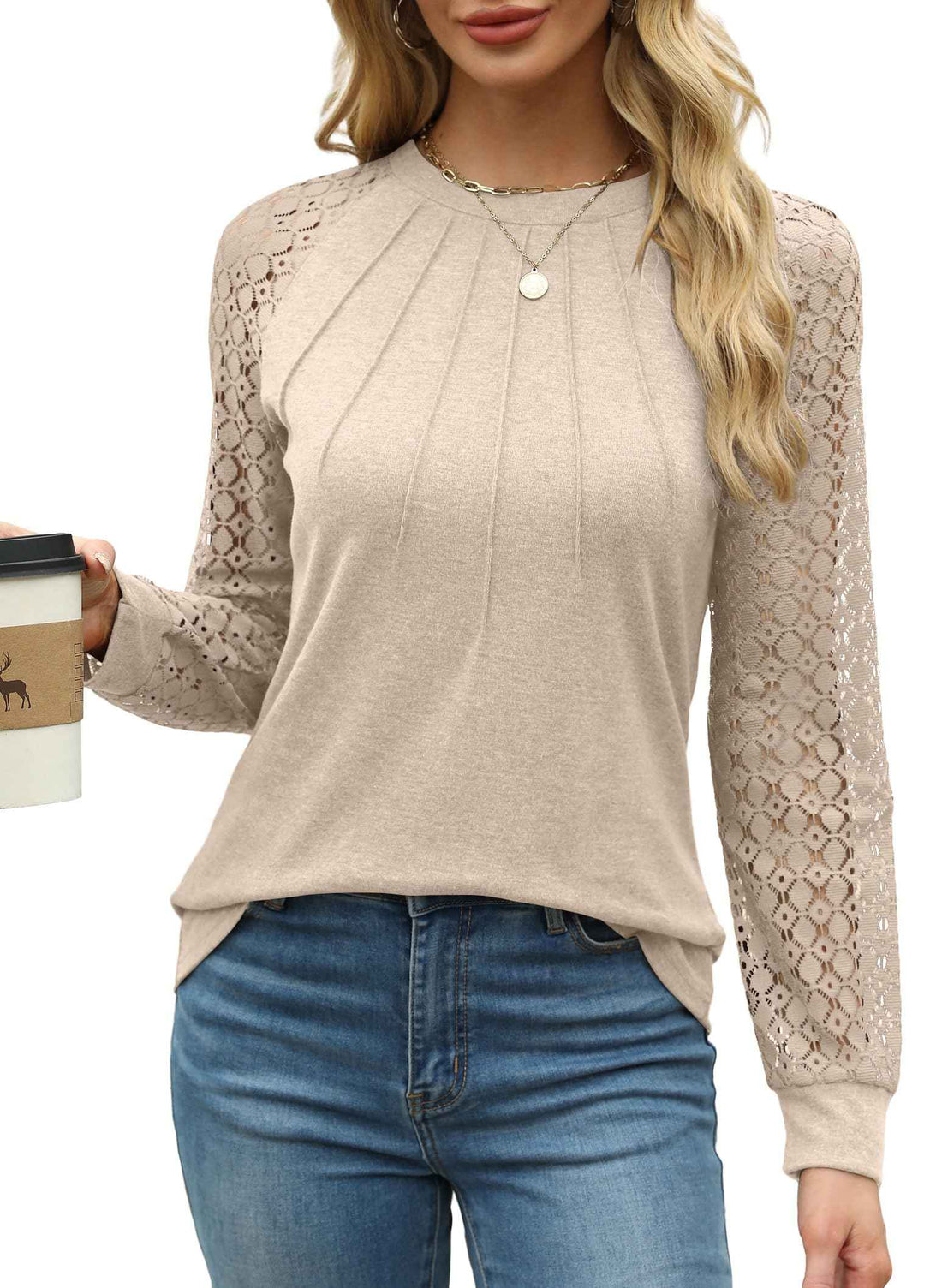 Tops for Women Trendy Lace Long Sleeve Fall Fashion Clothes Business Casual Outfits for Women Khaki S
