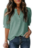 Dokotoo Summer Outfits Tops for Women Trendy 2025 Business Casual Blouses V Neck Puff Short Sleeve Shirts Hollow Out Lace Tops Solid Color Blouse Cruise Outfits for Women Clothes Mist Green 2XL