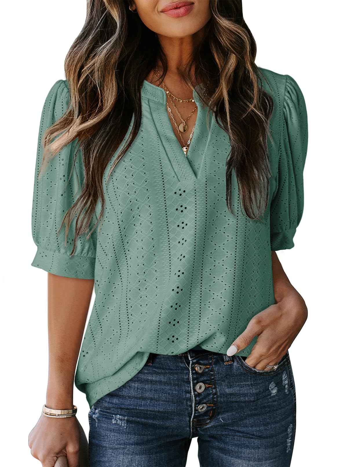 Dokotoo Summer Outfits Tops for Women Trendy 2025 Business Casual Blouses V Neck Puff Short Sleeve Shirts Hollow Out Lace Tops Solid Color Blouse Cruise Outfits for Women Clothes Mist Green 2XL